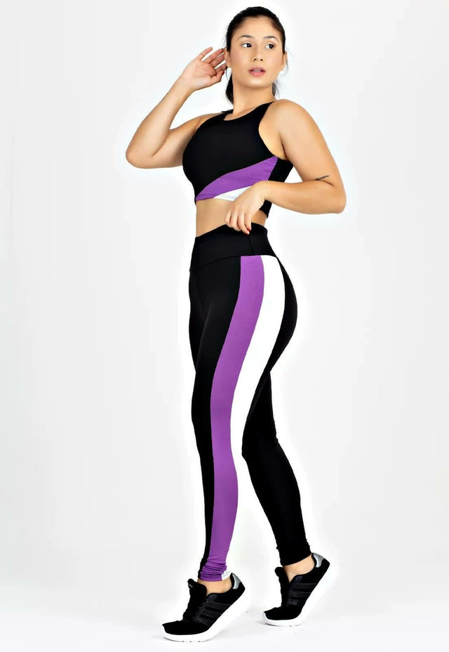 Conjunto Cropped + Calça Legging Preto com Roxo e Branco