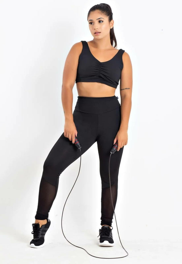 Conjunto Calça Legging com Tela e  Cropped Preto