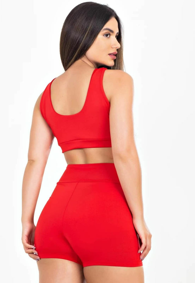 Conjunto Fitness Vermelho – Short com Cadarço Fake + Cropped Regata com Franzido