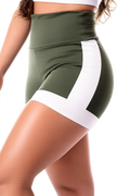 Short Fitness Academia Verde Militar com Branco Cintura Alta