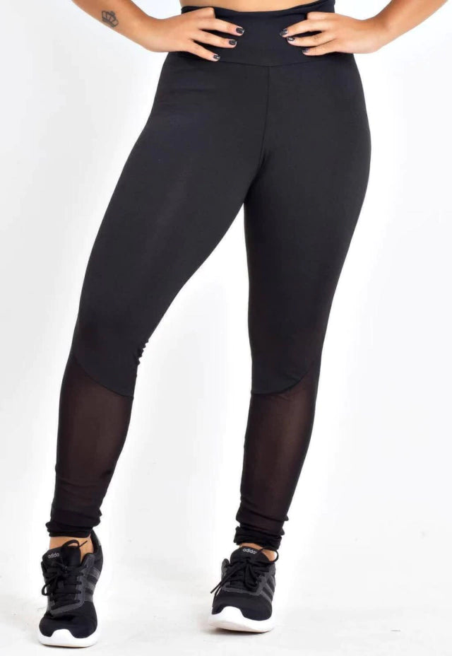 Legging Preta Cintura Alta com Detalhe em Tela Transparente na Panturrilha