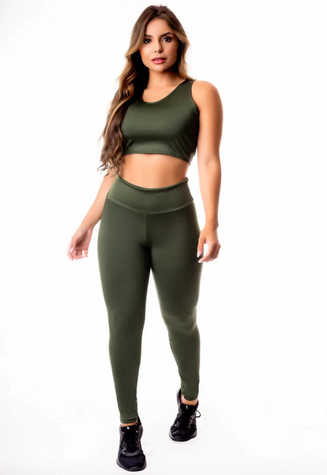Conjunto Fitness Verde Militar  – Calça Legging Cintura Alta + Cropped Regata