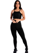 Conjunto Fitness Preto com Detalhe em Tela – Cropped de Alça Fina + Legging Cintura Alta