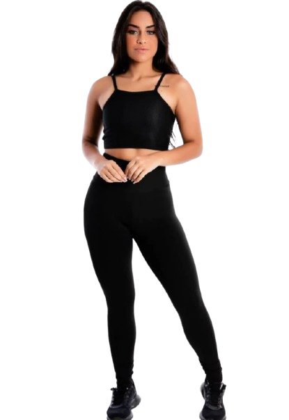 Conjunto Fitness Preto com Detalhe em Tela – Cropped de Alça Fina + Legging Cintura Alta