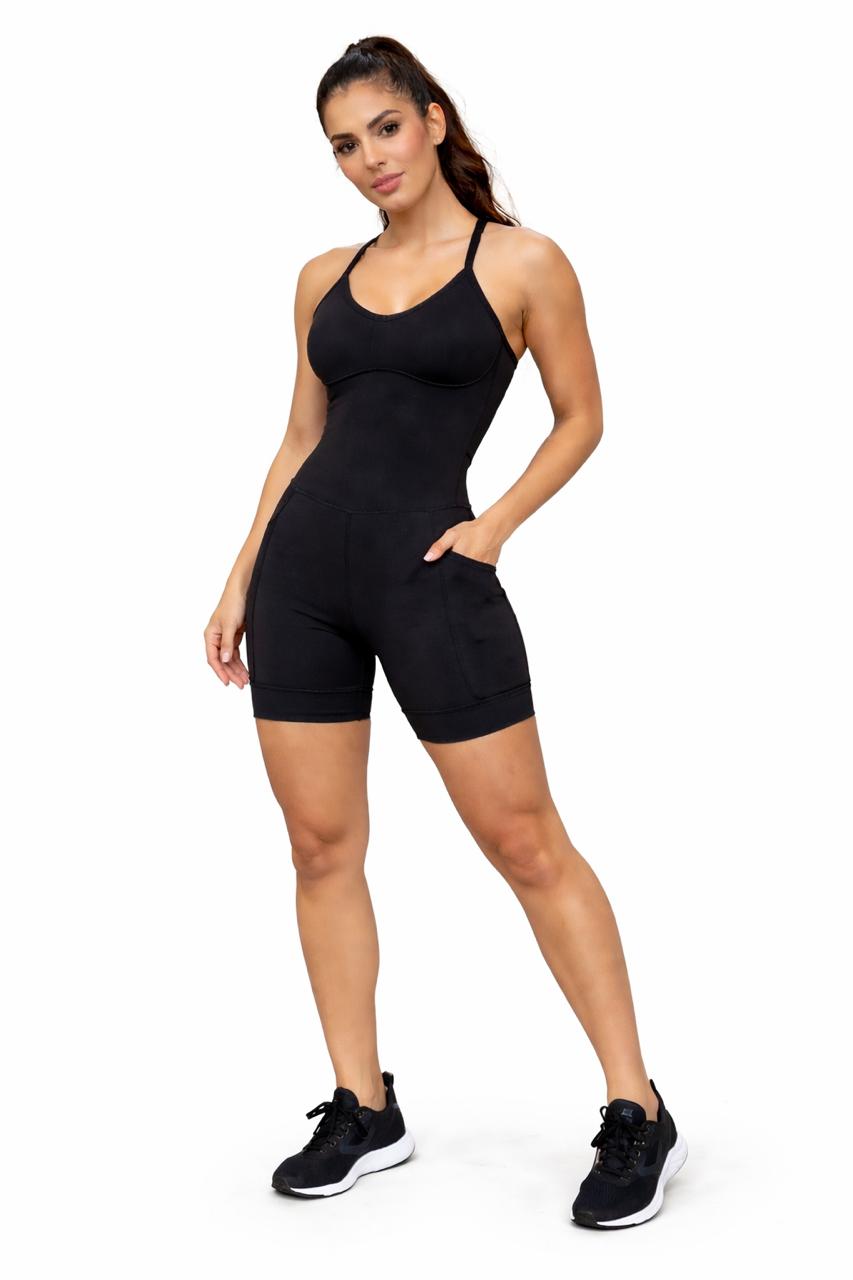 Macaquinho Fitness Preto com Bojo Removível e Bolso Lateral – Modelagem Premium em Poliamida com Alta Compressão