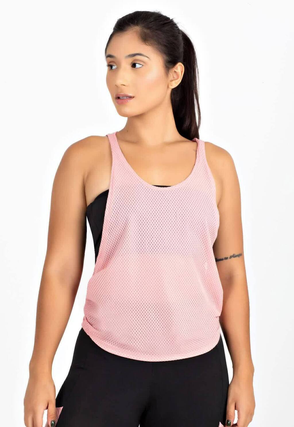 Conjunto Calça Legging com Bolso em Tela Dry + Regata de Tela + Top Tomara que Caia Preto com Rosé