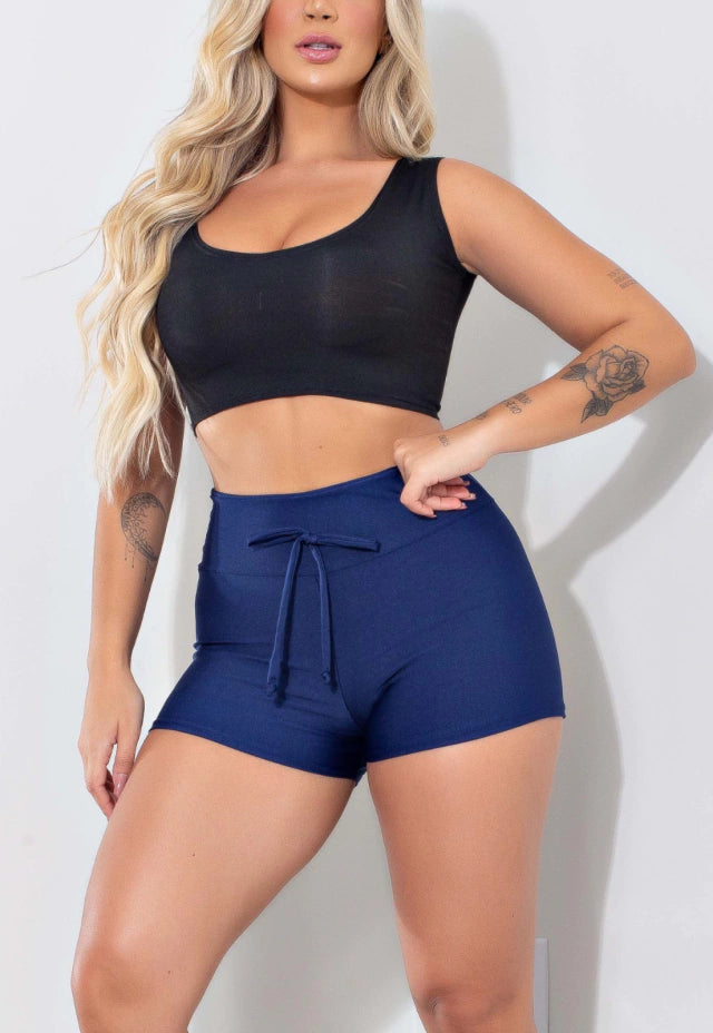 Short Liso com Cadarço Fake Azul Marinho