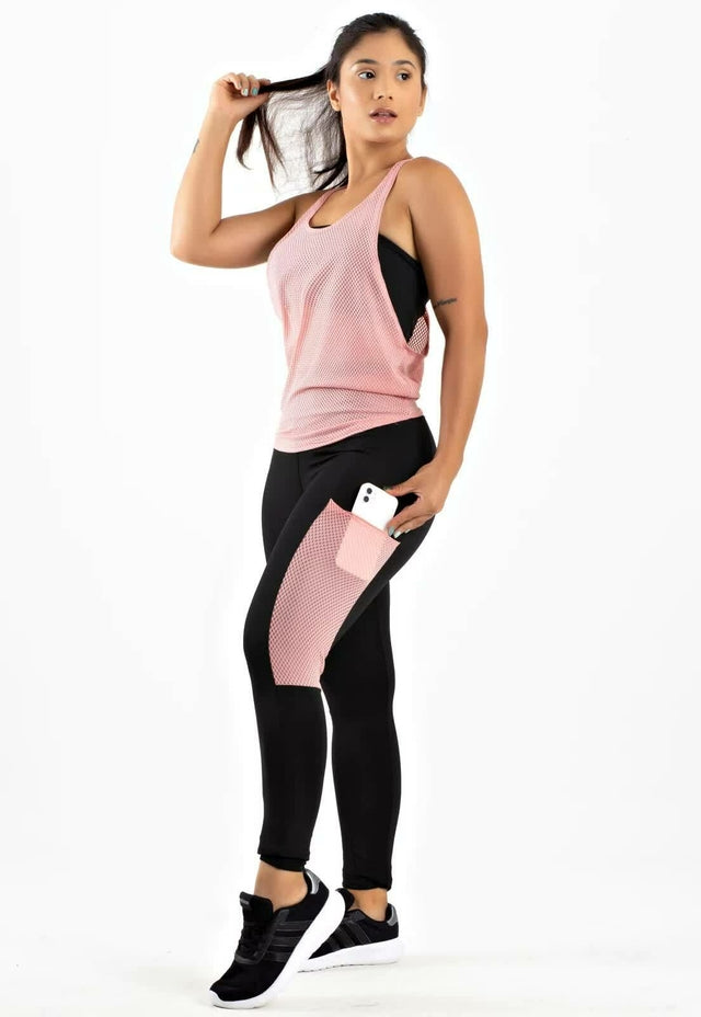 Conjunto Calça Legging com Bolso em Tela Dry + Regata de Tela + Top Tomara que Caia Preto com Rosé