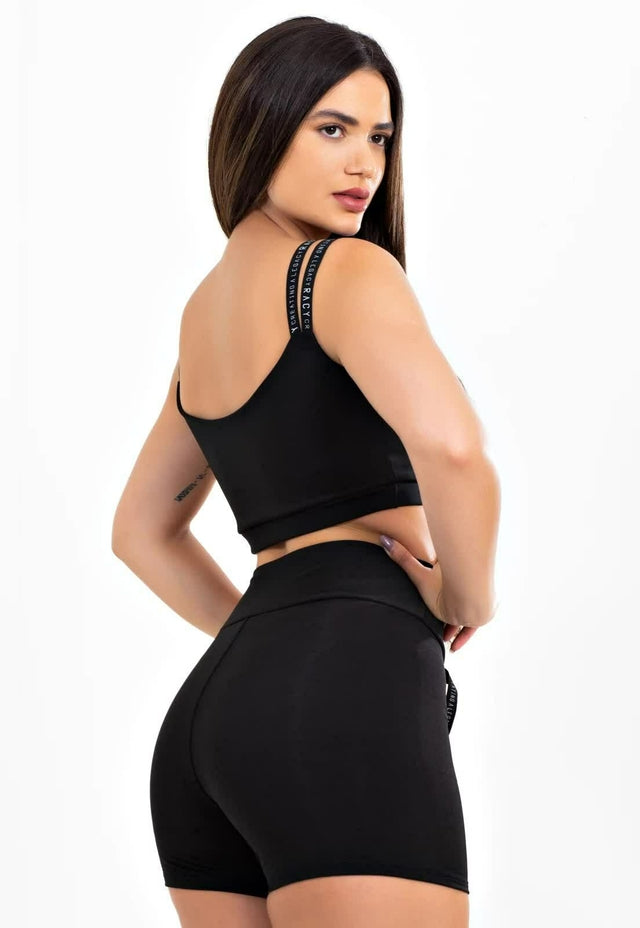 Conjunto Fitness Preto – Short Cintura Alta com Cordão Fake e Cropped de Alça Dupla