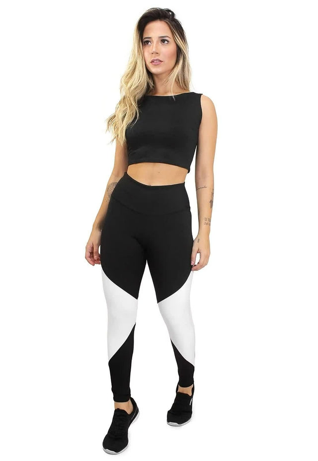 Conjunto Fitness Power Max – Cropped Preto e Legging Bicolor