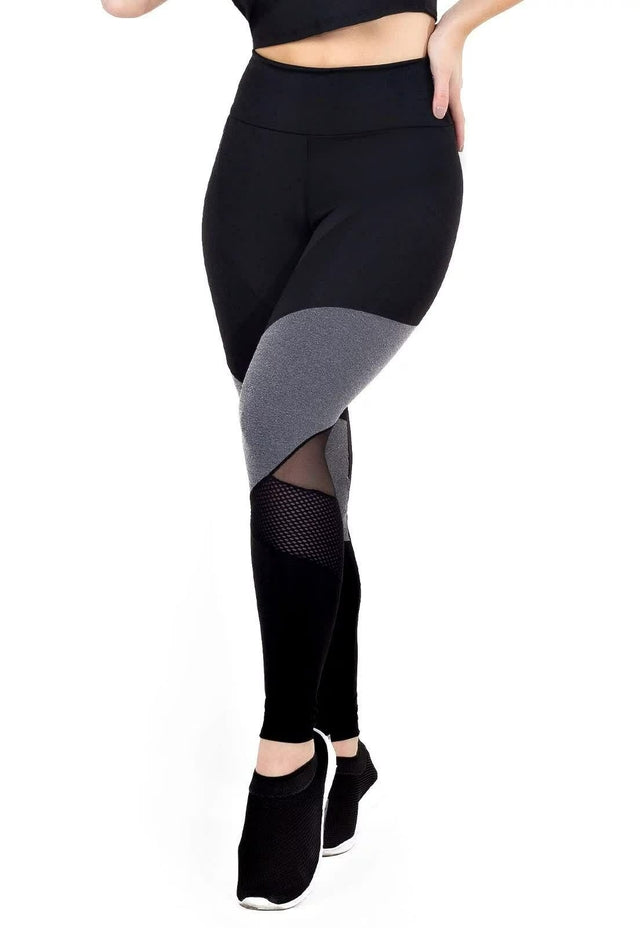 Calça Legging e Tela Preto com Cinza Cintura Alta Assimétrica com Detalhe em Tulê