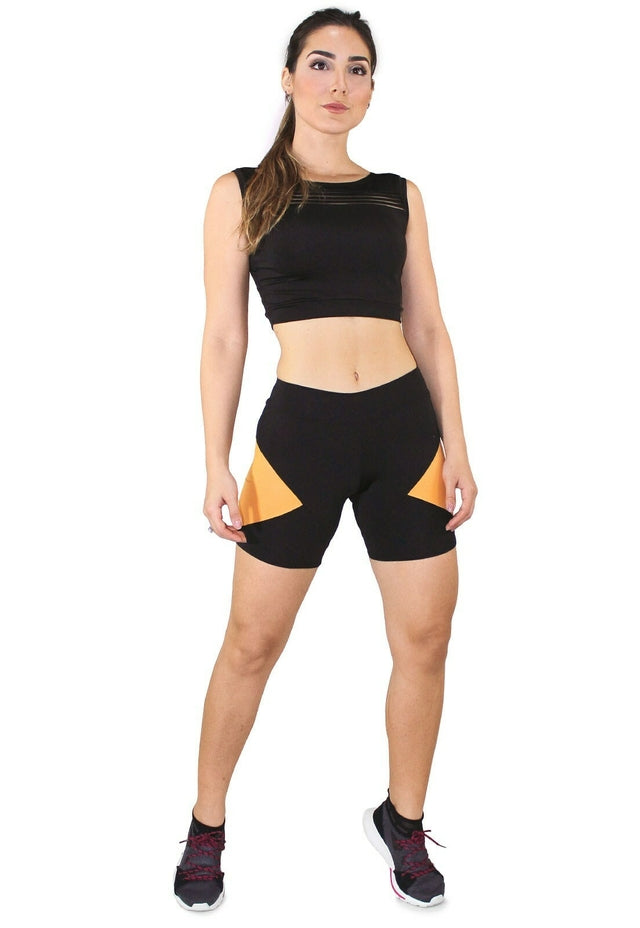 Conjunto Fitness Regata com Faixa e Short com Detalhe Amarelo