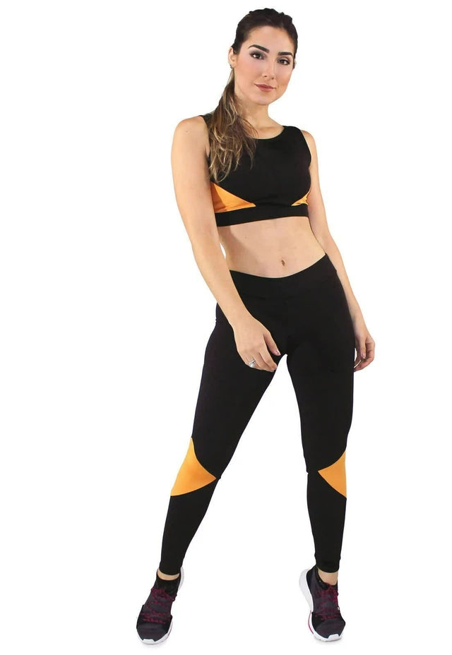 Conjunto Fitness Feminino Preto com Detalhe Amarelo – Legging + Cropped