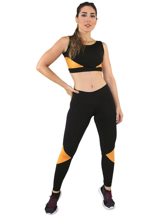 Conjunto Fitness Feminino Preto com Detalhe Amarelo – Legging + Cropped