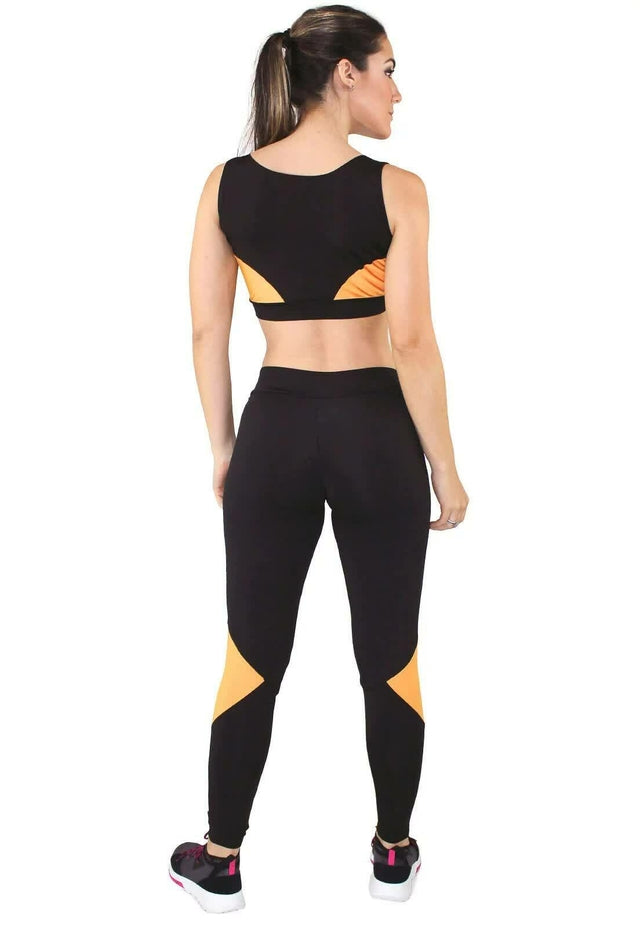 Conjunto Fitness Feminino Preto com Detalhe Amarelo – Legging + Cropped