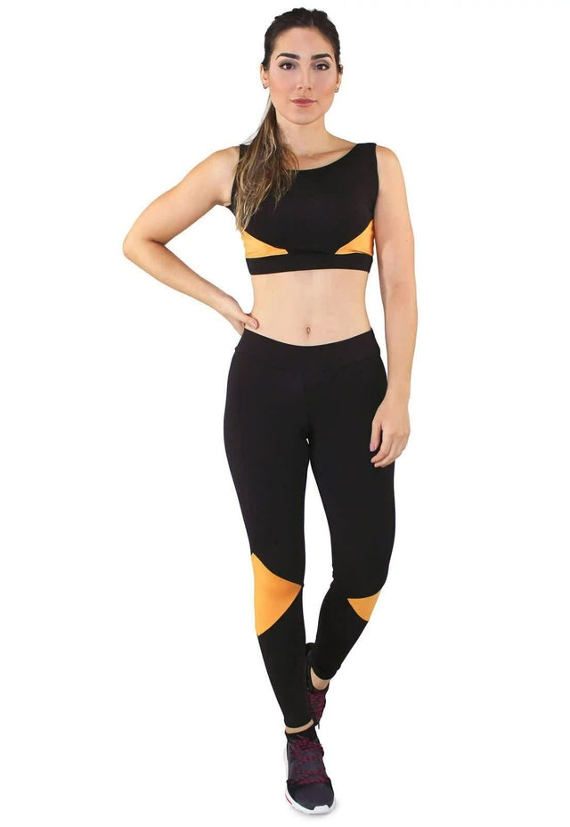 Conjunto Fitness Feminino Preto com Detalhe Amarelo – Legging + Cropped