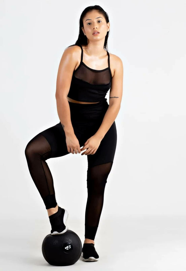 Conjunto Fitness Black Vision Com Detalhe em Tela Transparente