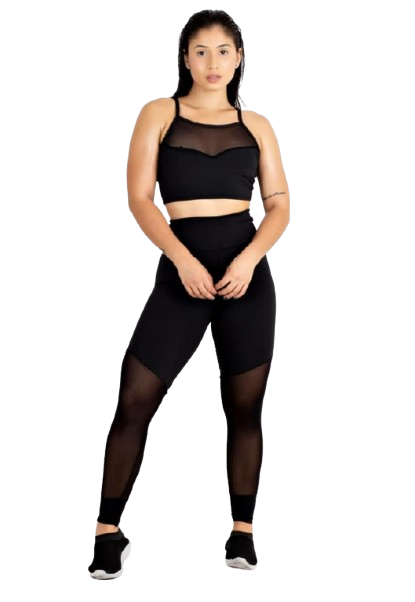 Conjunto Fitness Black Vision Com Detalhe em Tela Transparente