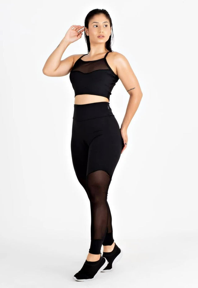 Conjunto Fitness Black Vision Com Detalhe em Tela Transparente