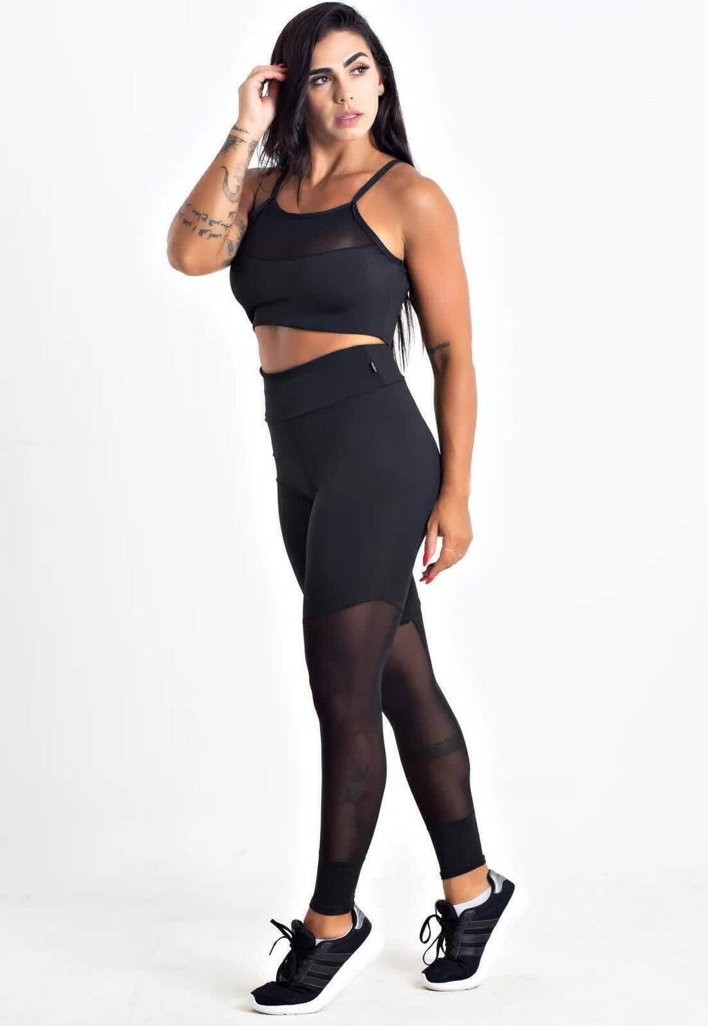 Conjunto Fitness Black Vision Com Detalhe em Tela Transparente