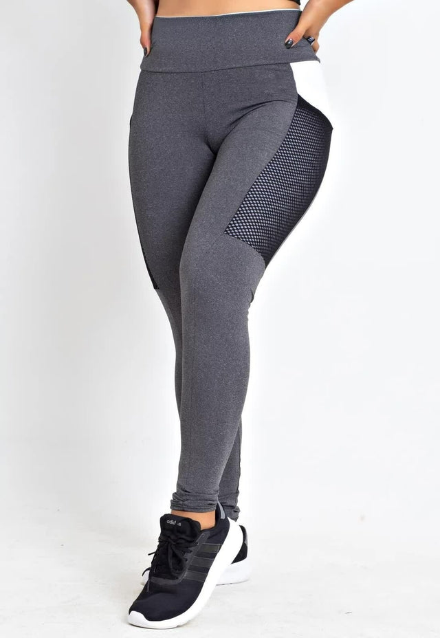 Calça Legging Cinza com Detalhe Branco e Bolso Lateral em Tela