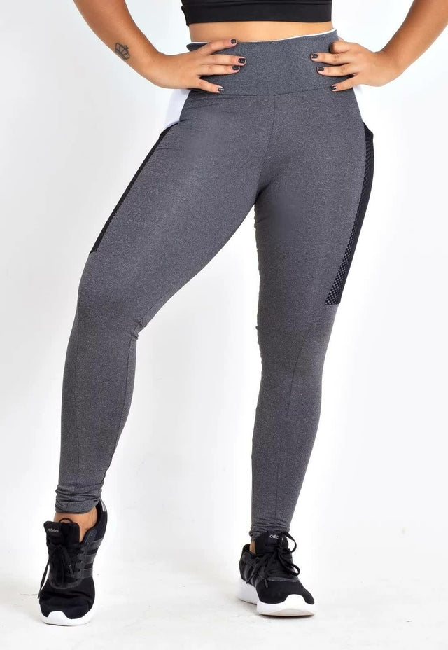 Calça Legging Cinza com Detalhe Branco e Bolso Lateral em Tela