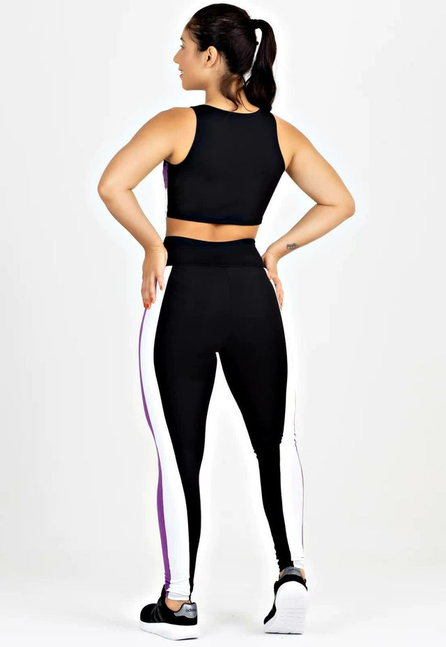 Conjunto Cropped + Calça Legging Preto com Roxo e Branco