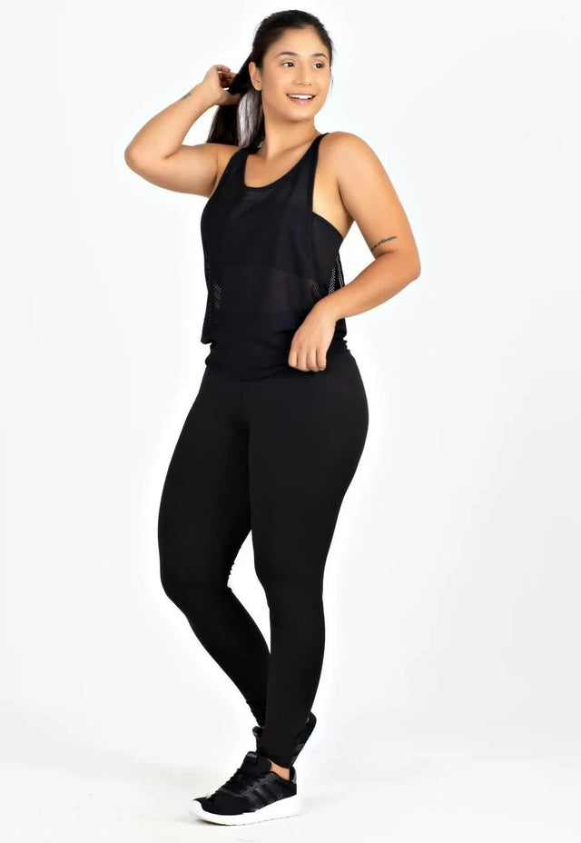 Conjunto Fitness Feminino 3 Peças Preto Básico – Regata, Top e Legging de Alta Performance