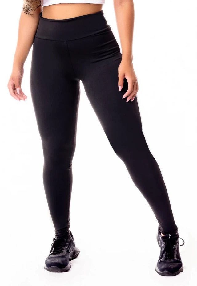 Calça Legging Preta Cintura Alta com Detalhe Lateral em Vivo Branco