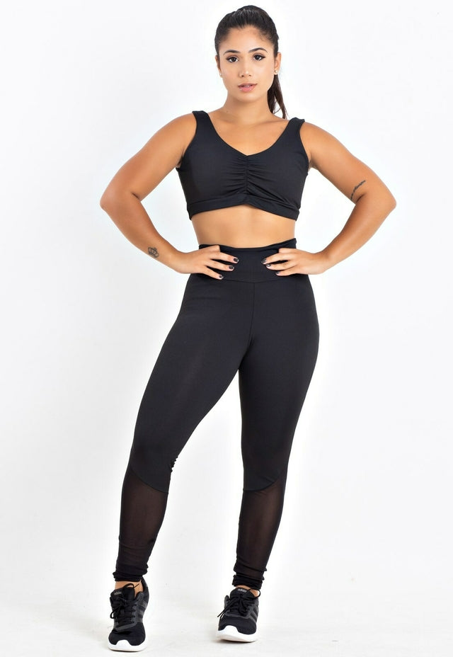 Conjunto Calça Legging com Tela e  Cropped Preto