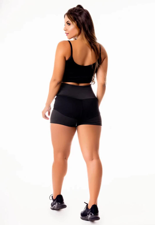 Conjunto Fitness Cropped Alcinha + Cintura Alta Preto com Detalhe em Tela Dry Fit