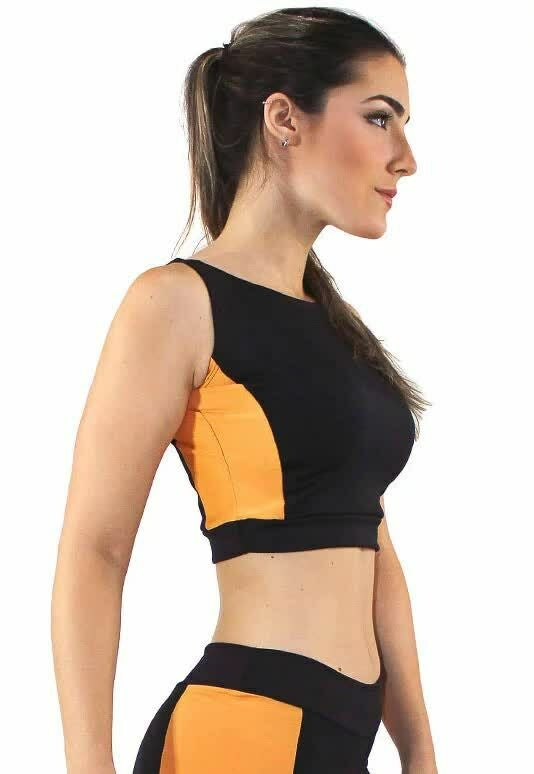 Cropped Fitness Preto com Detalhe Amarelo