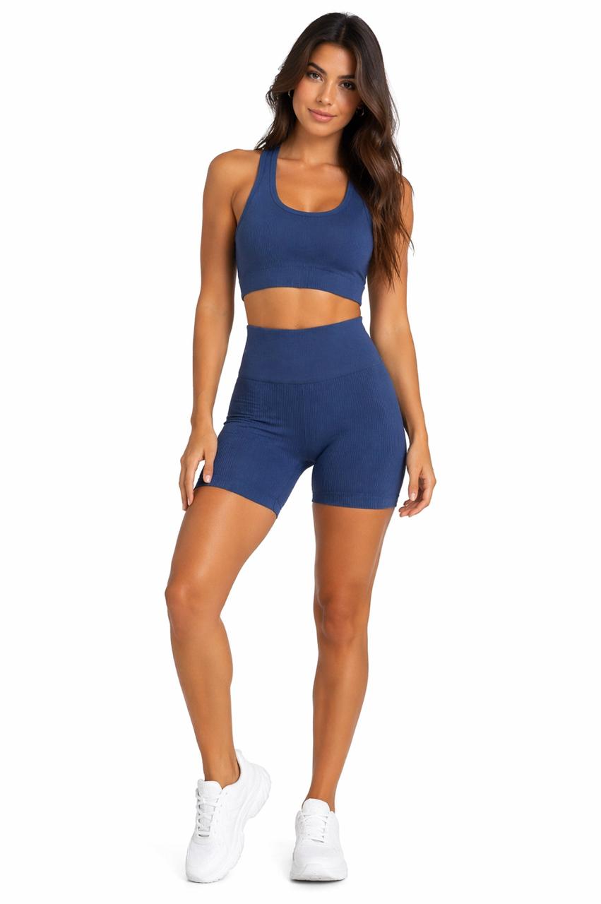 Conjunto Fitness Feminino de Alta Performance em Poliamida com Top Nadador e Short Cintura Alta Modelador