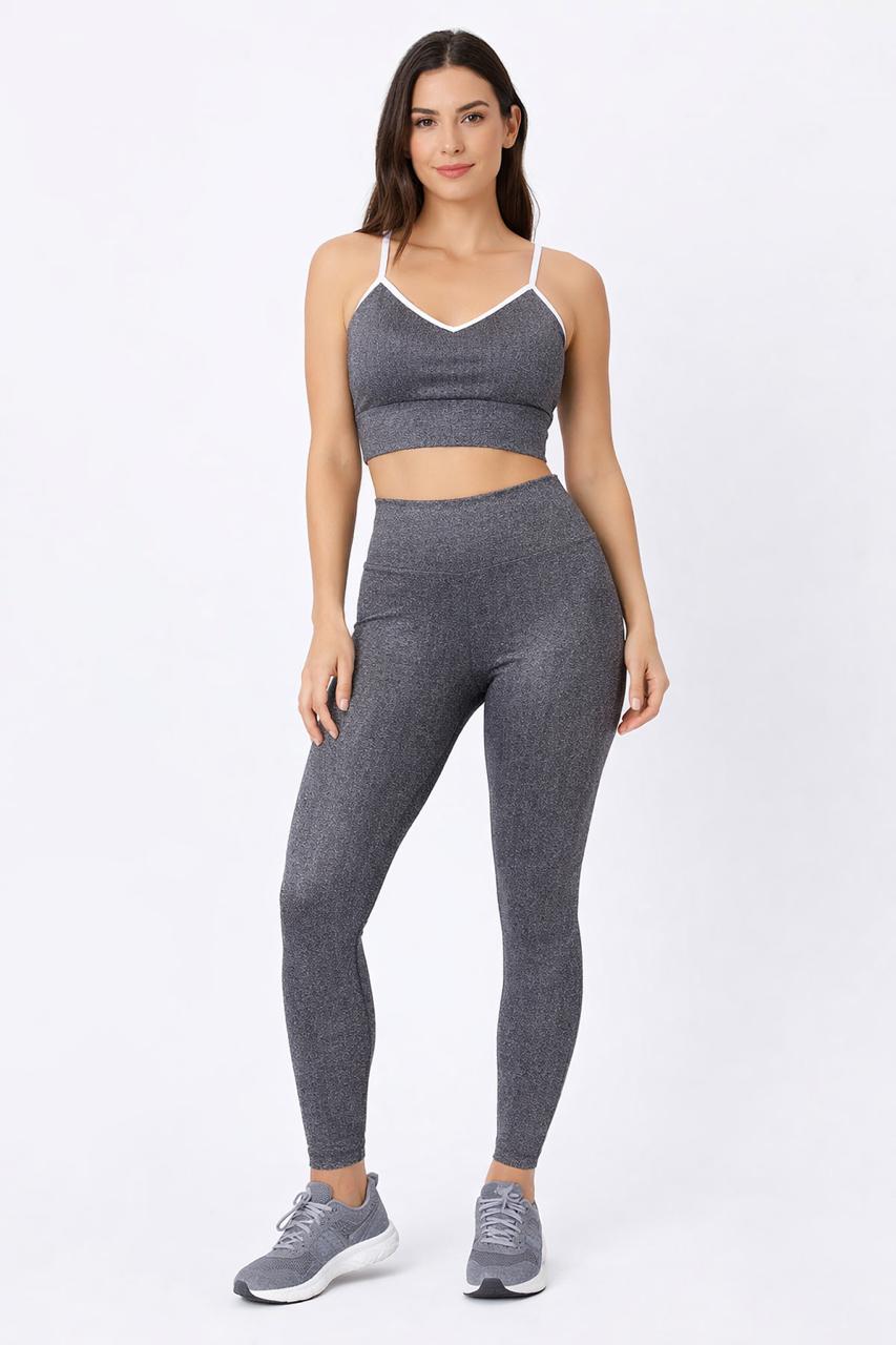Conjunto Fitness Mescla Cinza – Cropped de Alças + Legging Cintura Alta