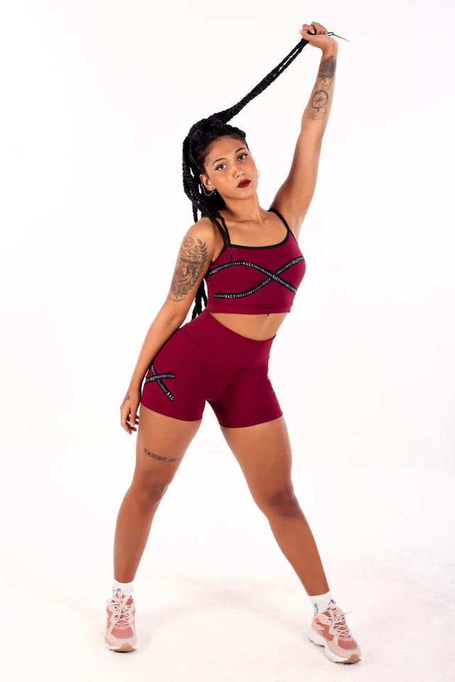 Conjunto Fitness Feminino Cropped de Alcinha e Short Cintura Alta Marsala