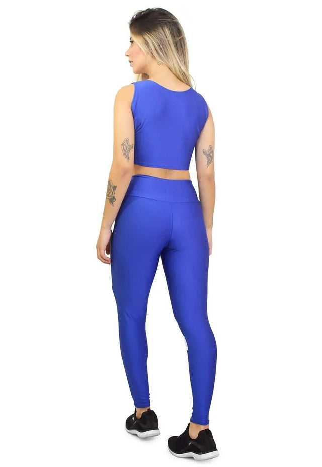 Conjunto Fitness Azul com Detalhe Branco – Legging Cintura Alta e Cropped Regata
