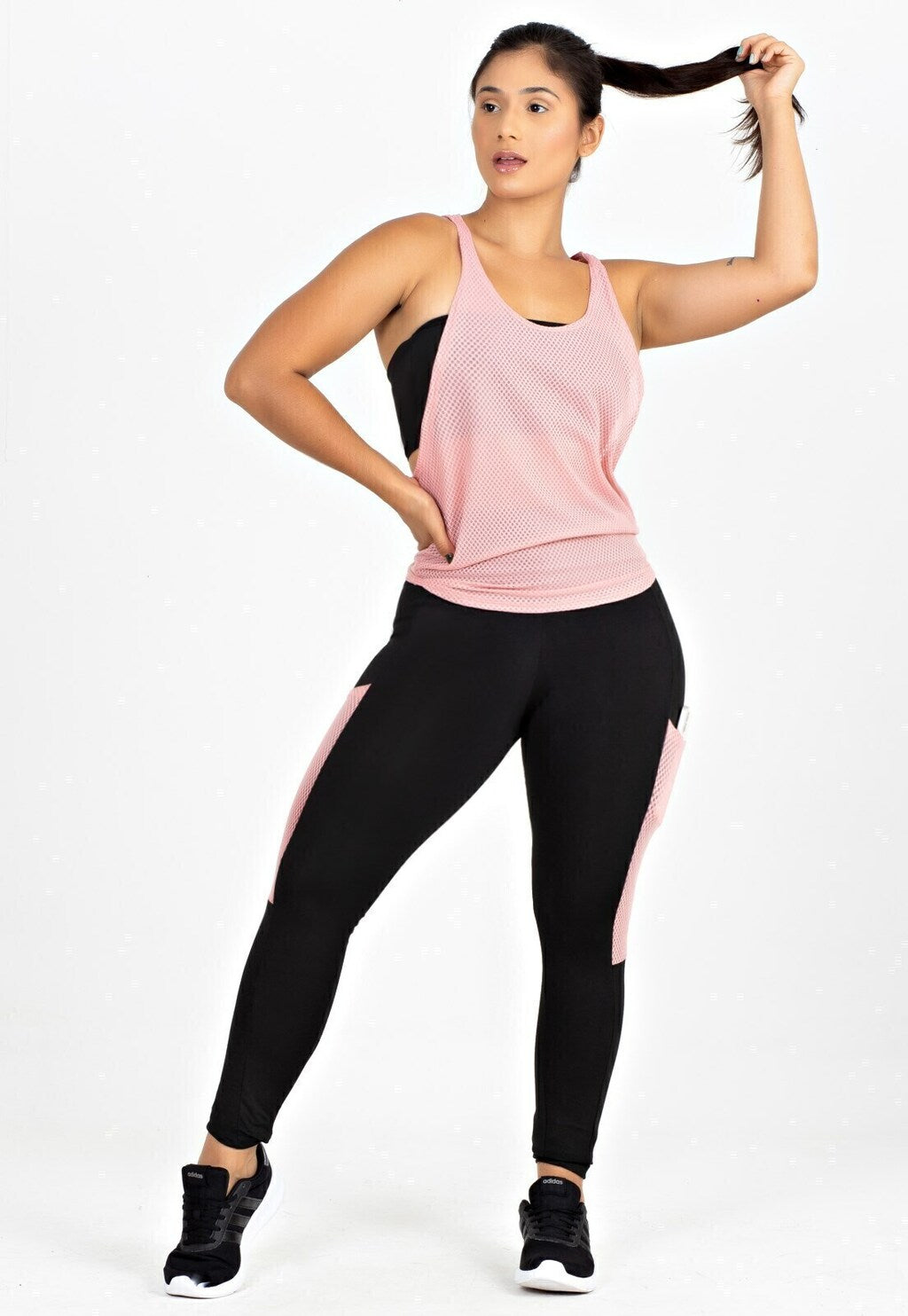 Conjunto Calça Legging com Bolso em Tela Dry + Regata de Tela + Top Tomara que Caia Preto com Rosé