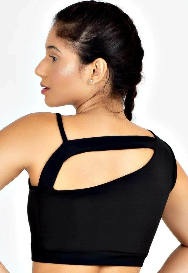 Cropped Fitness Preto com Alcinha e Detalhe nas Costas
