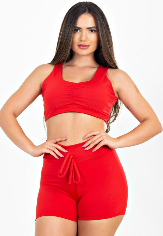 Conjunto Fitness Vermelho – Short com Cadarço Fake + Cropped Regata com Franzido
