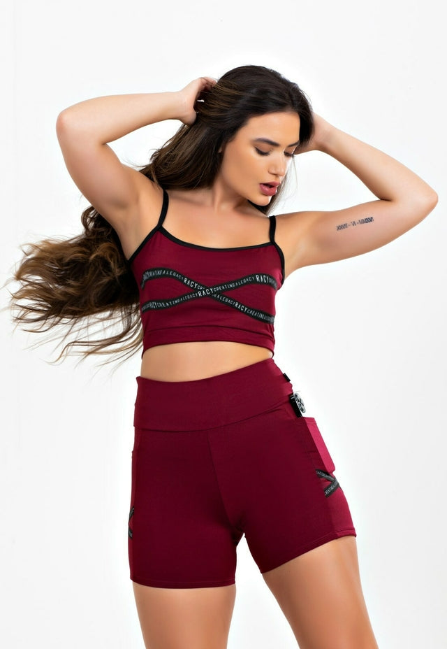 Conjunto Fitness Feminino Cropped de Alcinha e Short Cintura Alta Marsala