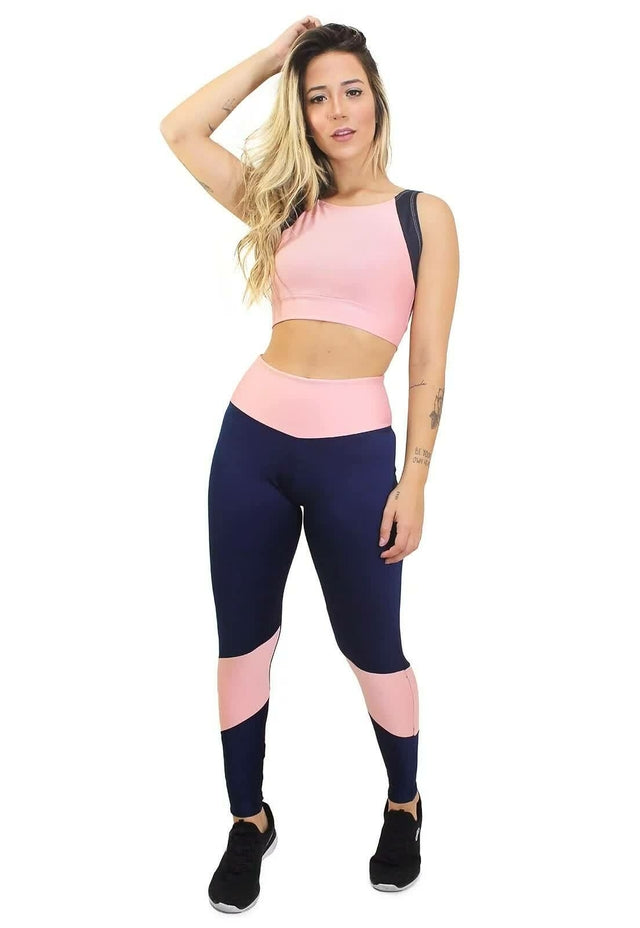 Conjunto Fitness Rosé e Azul – Calça Legging e Cropped