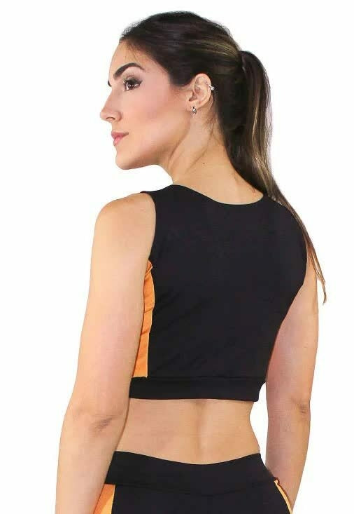 Cropped Fitness Preto com Detalhe Amarelo