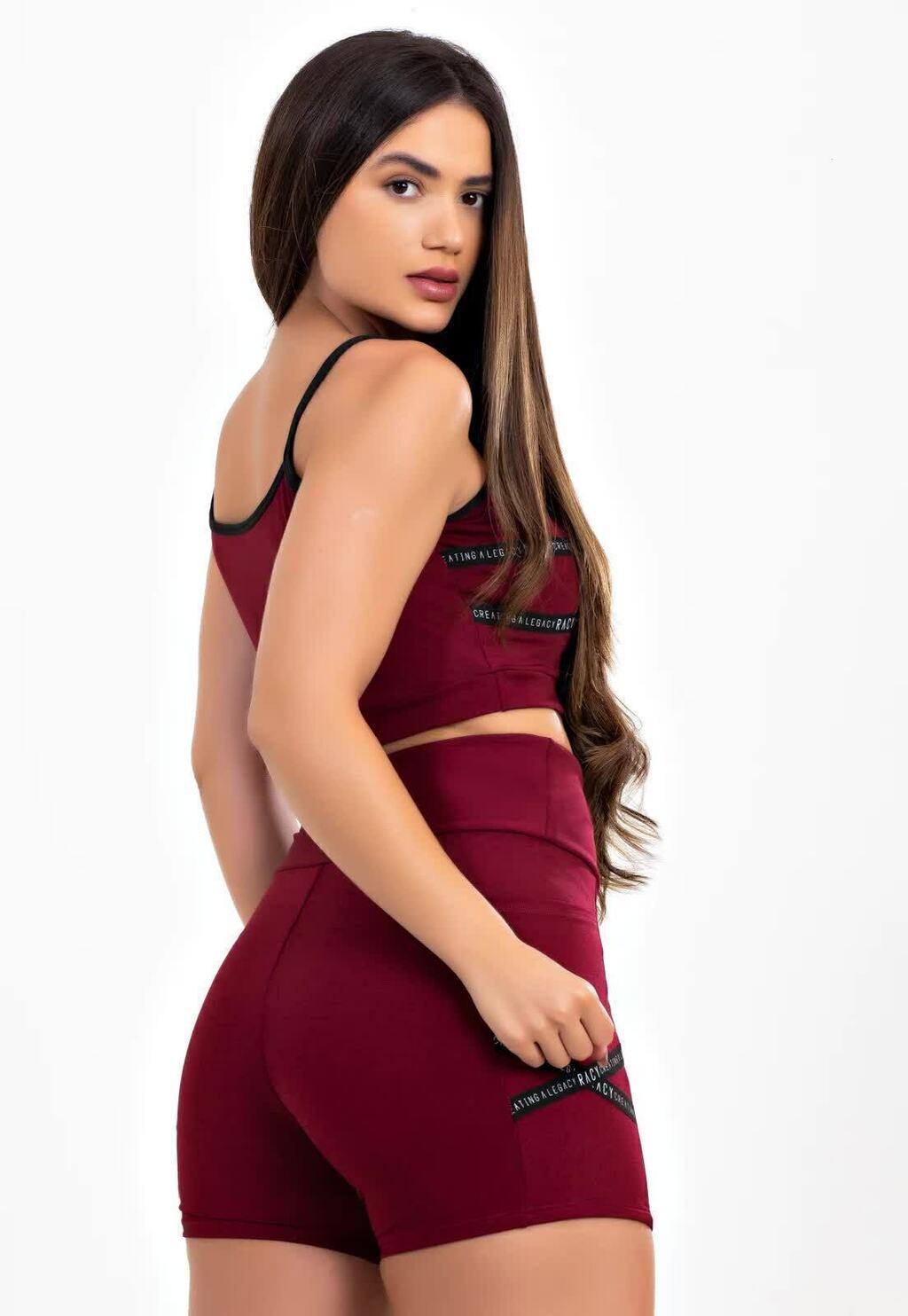 Conjunto Fitness Feminino Cropped de Alcinha e Short Cintura Alta Marsala