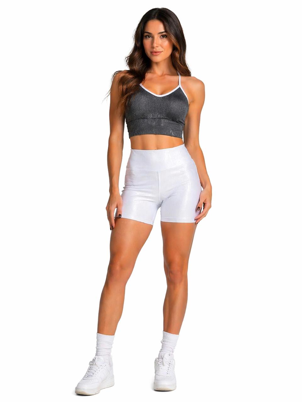 Conjunto Fitness Feminino Shorts + Top Alça Fina Cintura Alta Modelador