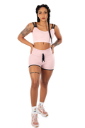 Conjunto Fitness Rosé: Short Cintura Alta com Cardaço Fake + Cropped de Alça Dupla