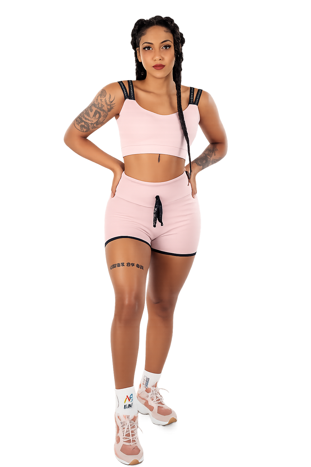 Conjunto Fitness Rosé: Short Cintura Alta com Cardaço Fake + Cropped de Alça Dupla