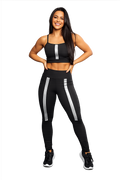Conjunto Fitness Feminino Preto com Detalhe Cinza – Calça Legging Cintura Alta e Cropped de Alça