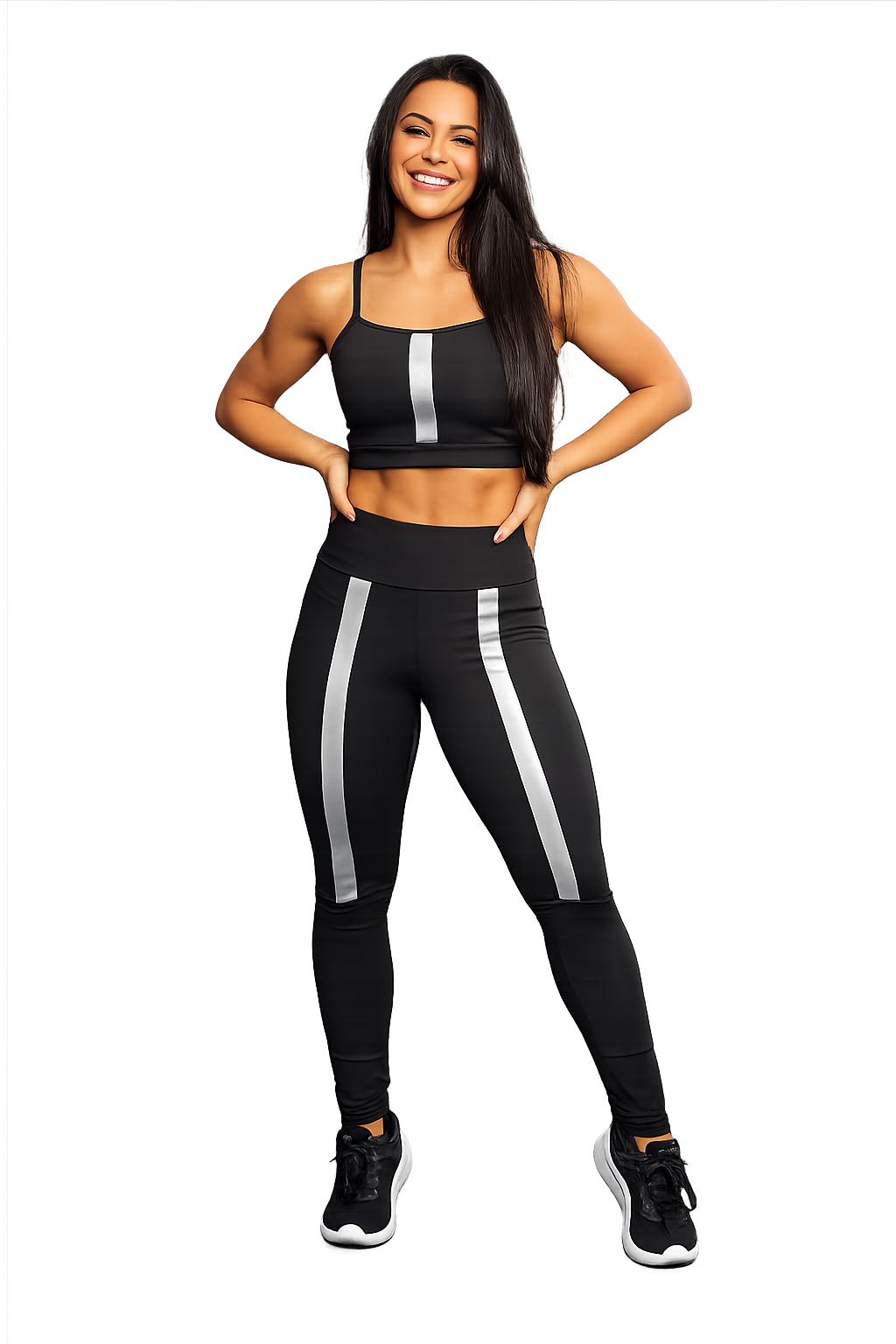 Conjunto Fitness Feminino Preto com Detalhe Cinza – Calça Legging Cintura Alta e Cropped de Alça