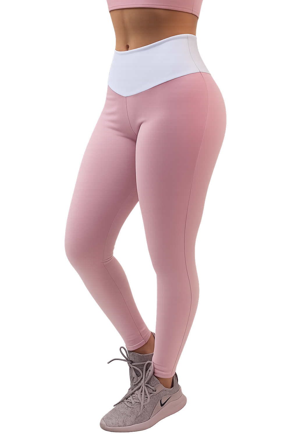 Calça Legging Fitness Rosê com Cós Branco