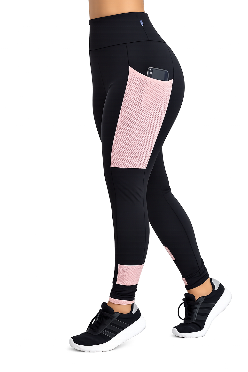 Calça Legging Preta com Detalhe Rosê, Bolso Lateral e Recorte em Tela